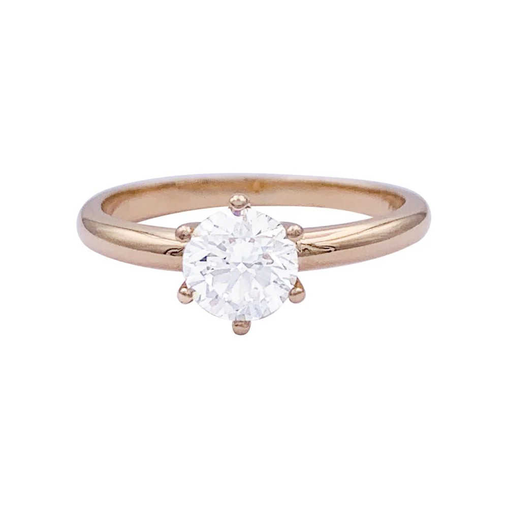 Diamond solitaire ring in rose gold.