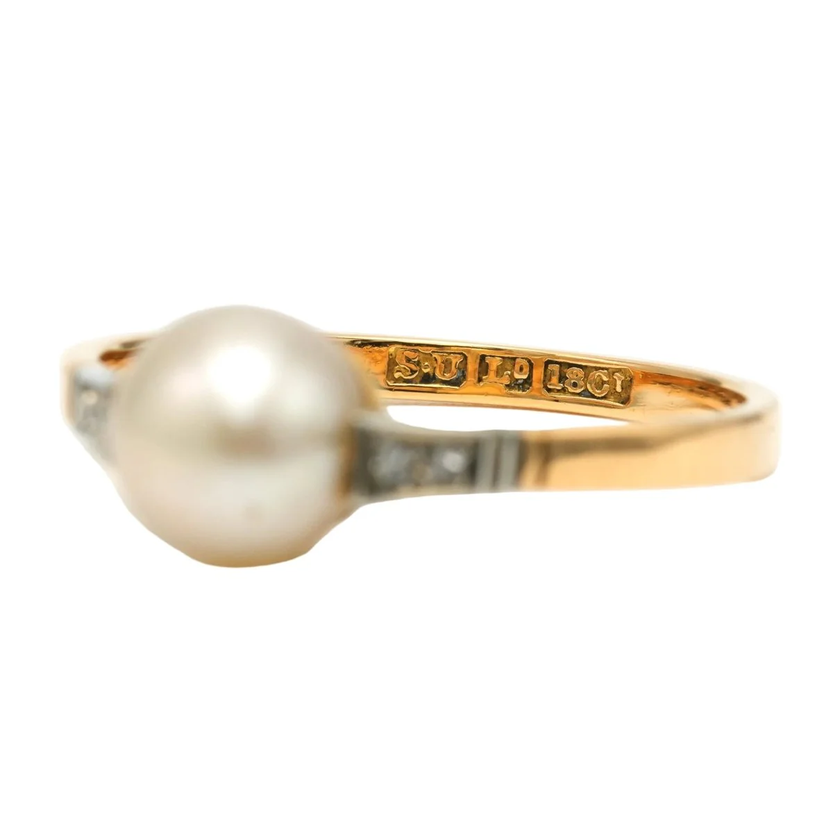Ring Solitaire in white gold, yellow gold, pearl and diamonds - Image 3