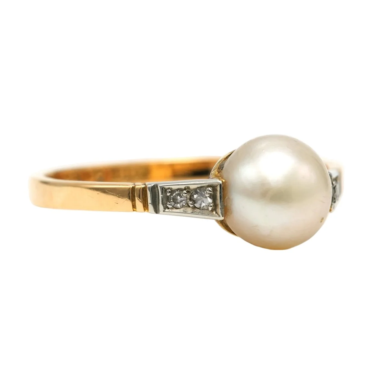 Ring Solitaire in white gold, yellow gold, pearl and diamonds - Image 7