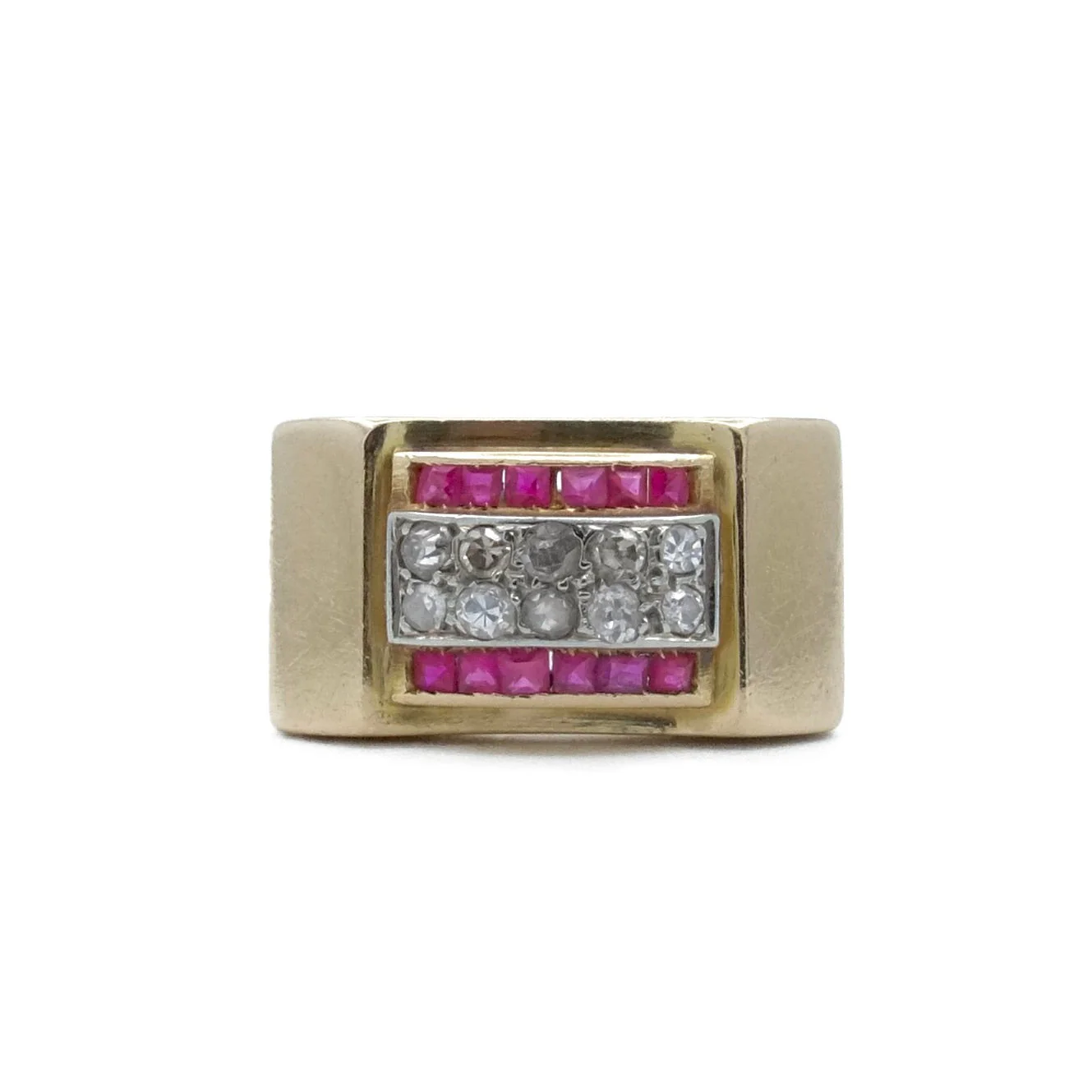 Ring tank arcade in yellow gold and white gold with diamonds and rubies