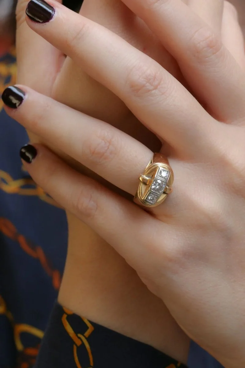 Art-Deco tank ring in yellow gold and diamonds - Image 2