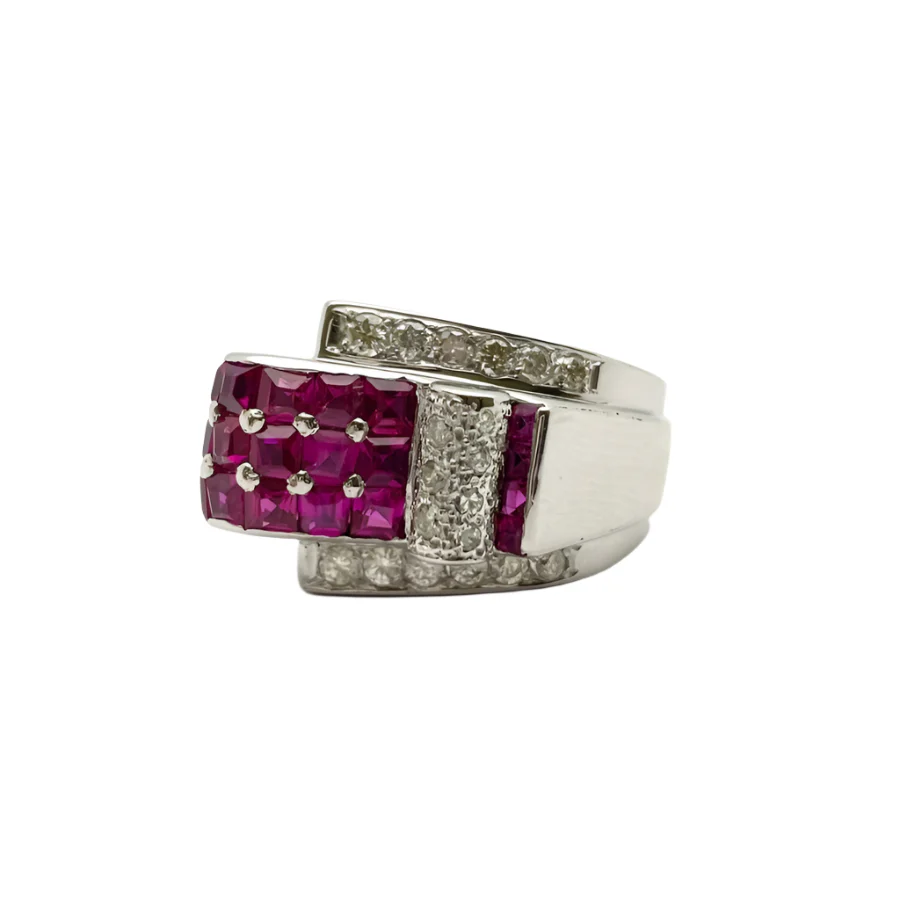 Tank ring in white gold, rubies and diamonds