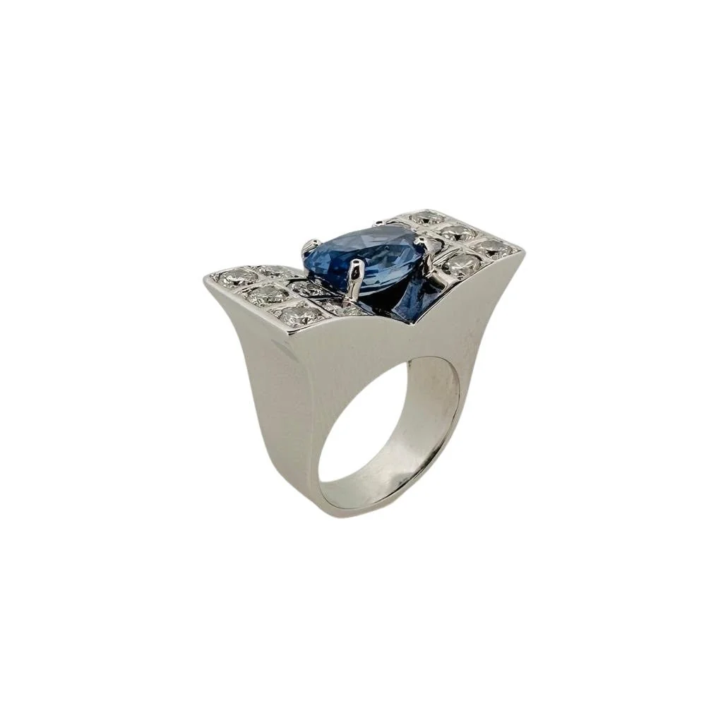 Tank ring in white gold sapphire and diamonds - Image 3