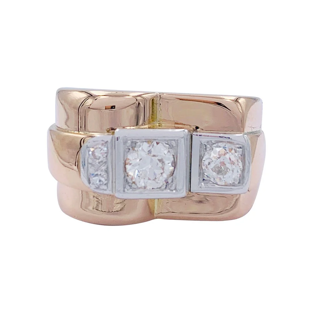 Tank ring in pink gold, platinum, diamonds