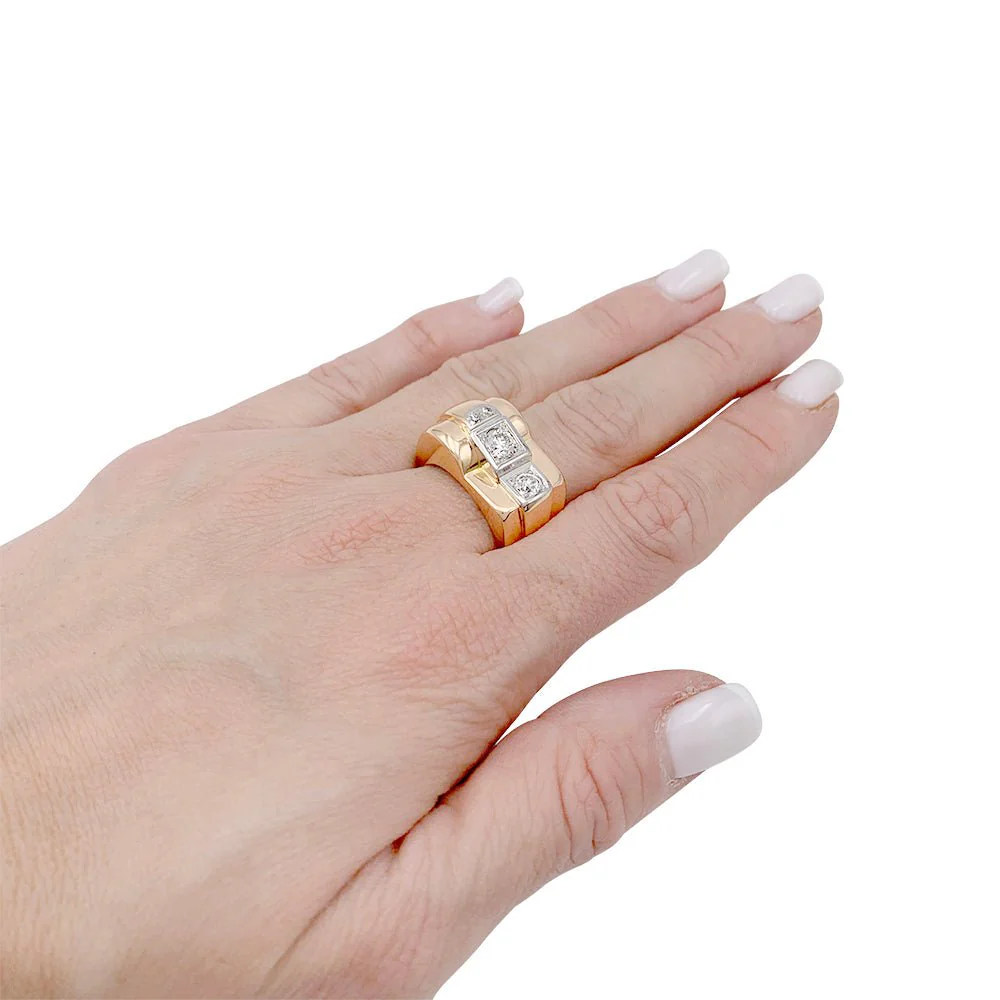 Tank ring in pink gold, platinum, diamonds - Image 6