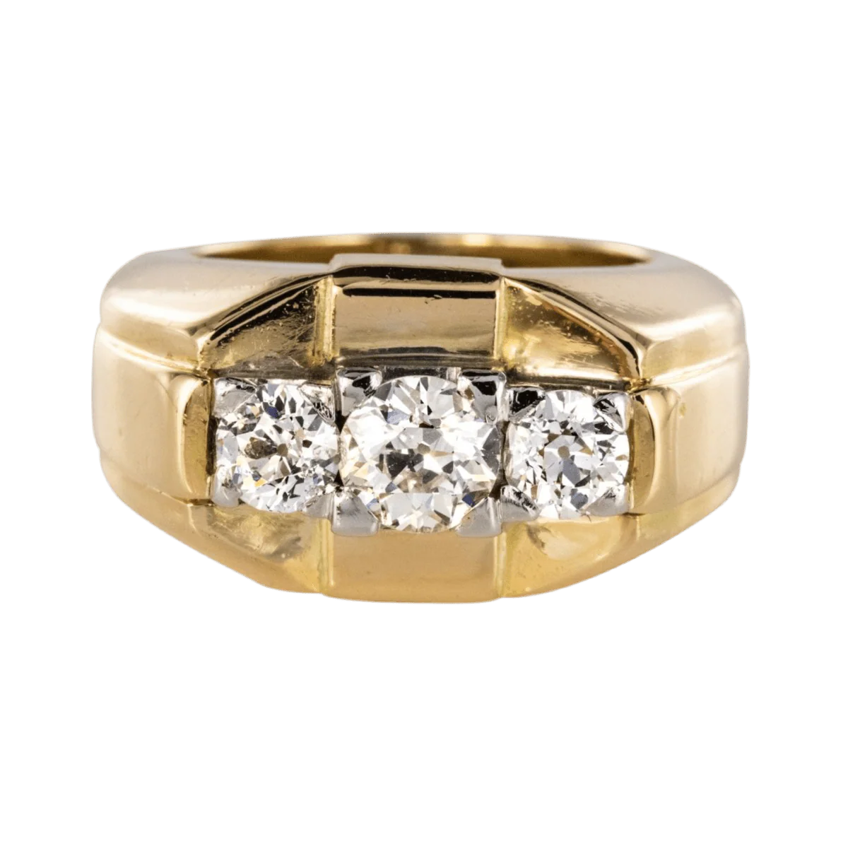 Tank ring in yellow gold, platinum and diamonds