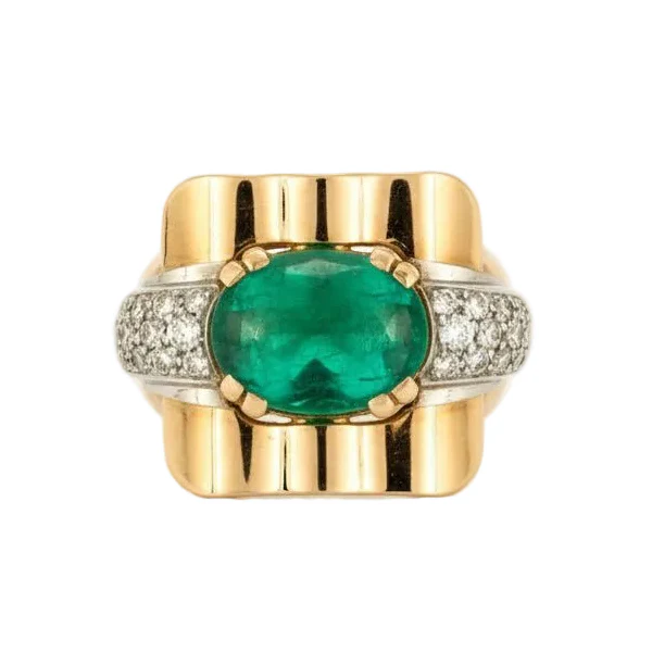 MELLERIO Tank ring in yellow gold, platinum, emerald, and diamonds