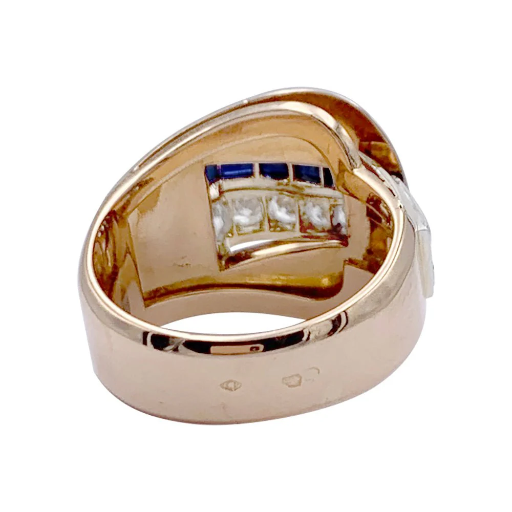 Tank ring in yellow gold, sapphires and diamonds - Image 3