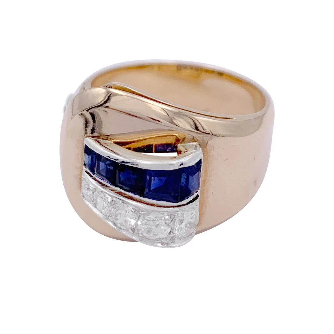 Tank ring in yellow gold, sapphires and diamonds - Image 6