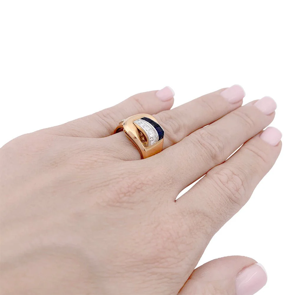 Tank ring in yellow gold, sapphires and diamonds - Image 7