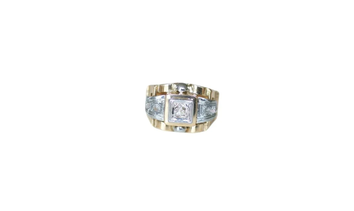 Tank ring in yellow gold, platinum, and diamonds - Image 3