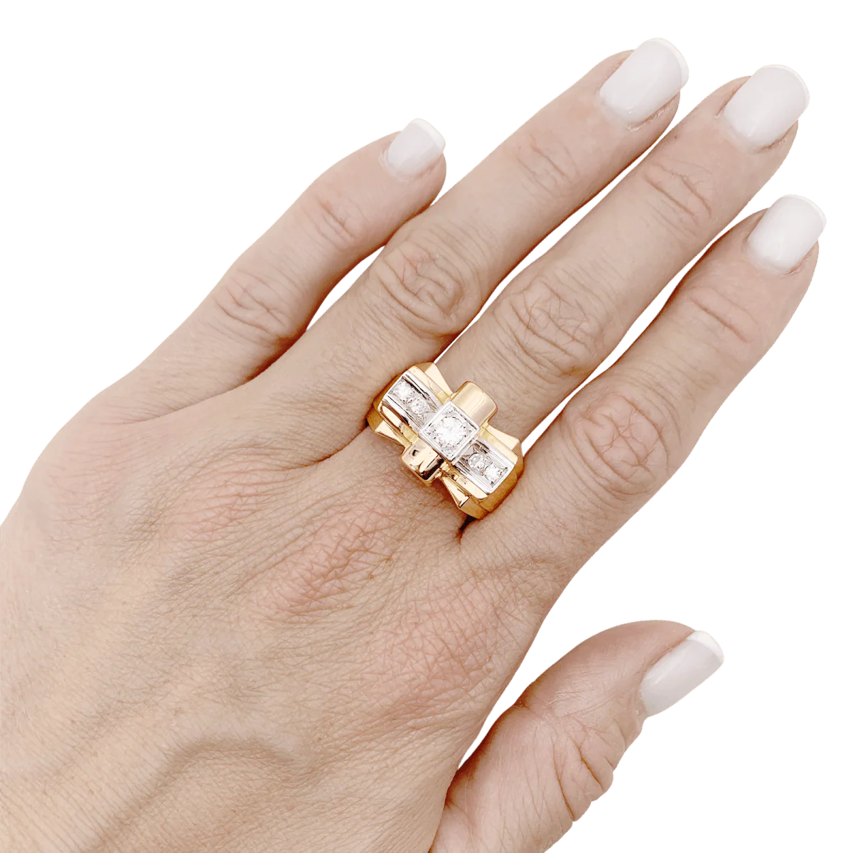 Tank ring in rose gold, white gold and diamonds - Image 2