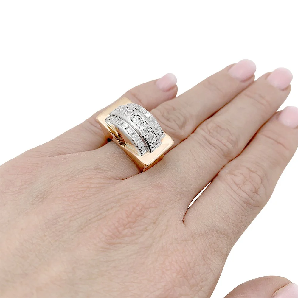 "Tank" ring in rose gold, platinum and diamond - Image 2