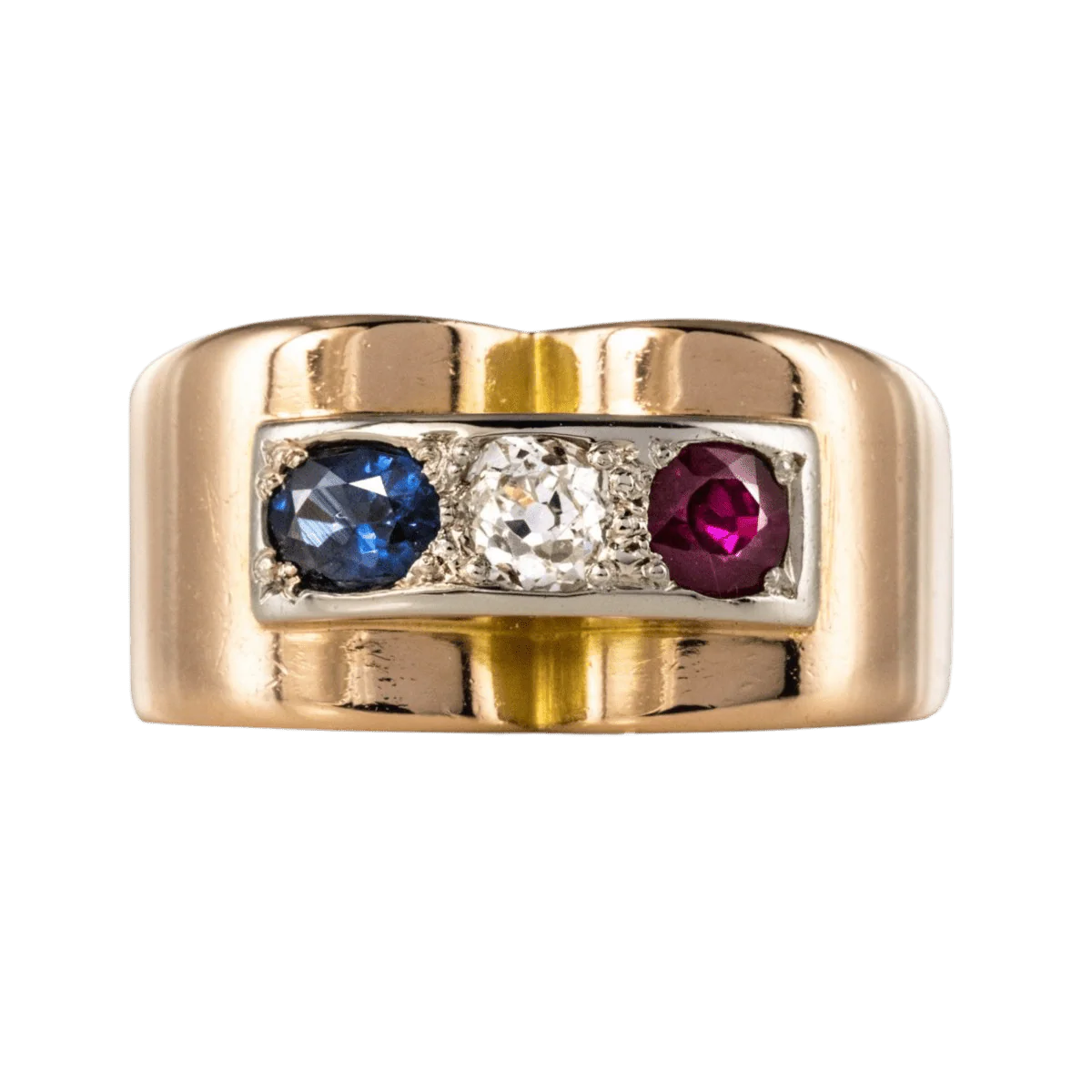 Tank ring in yellow gold, sapphire, ruby and diamond
