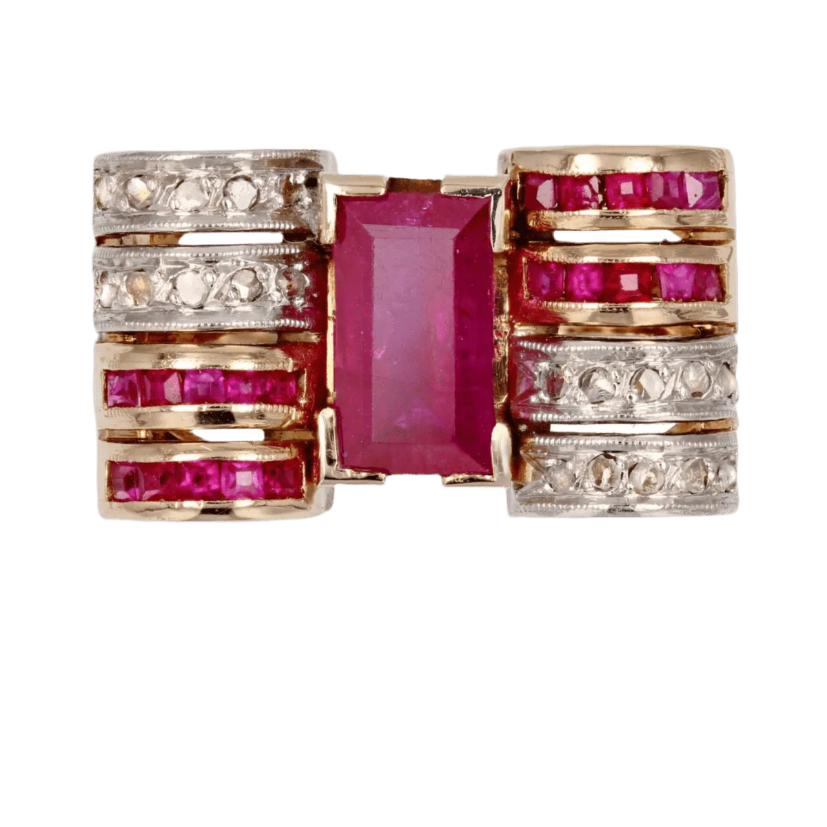 Tank ring in yellow gold, platinum, rubies and diamonds