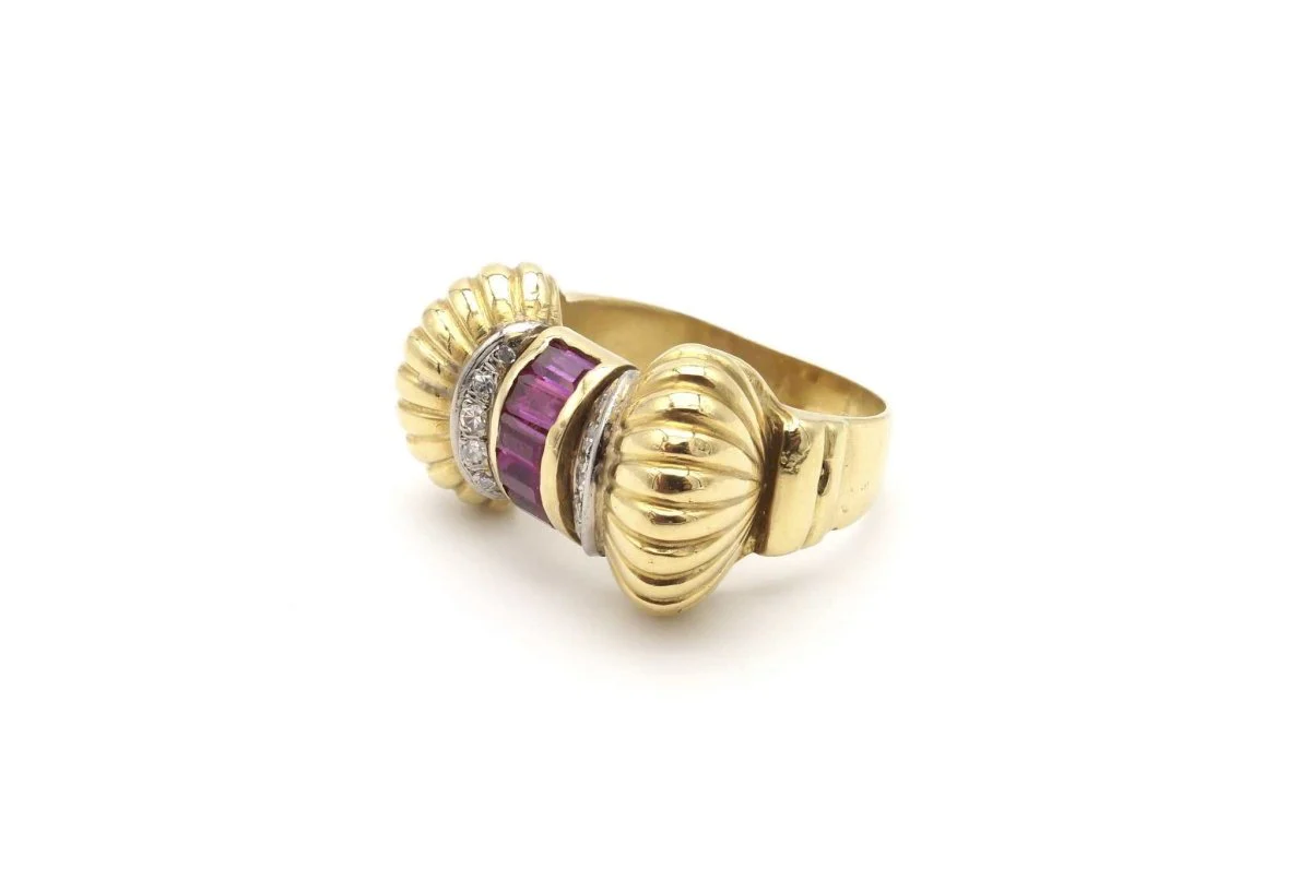 Ruby and diamond tank ring in yellow gold