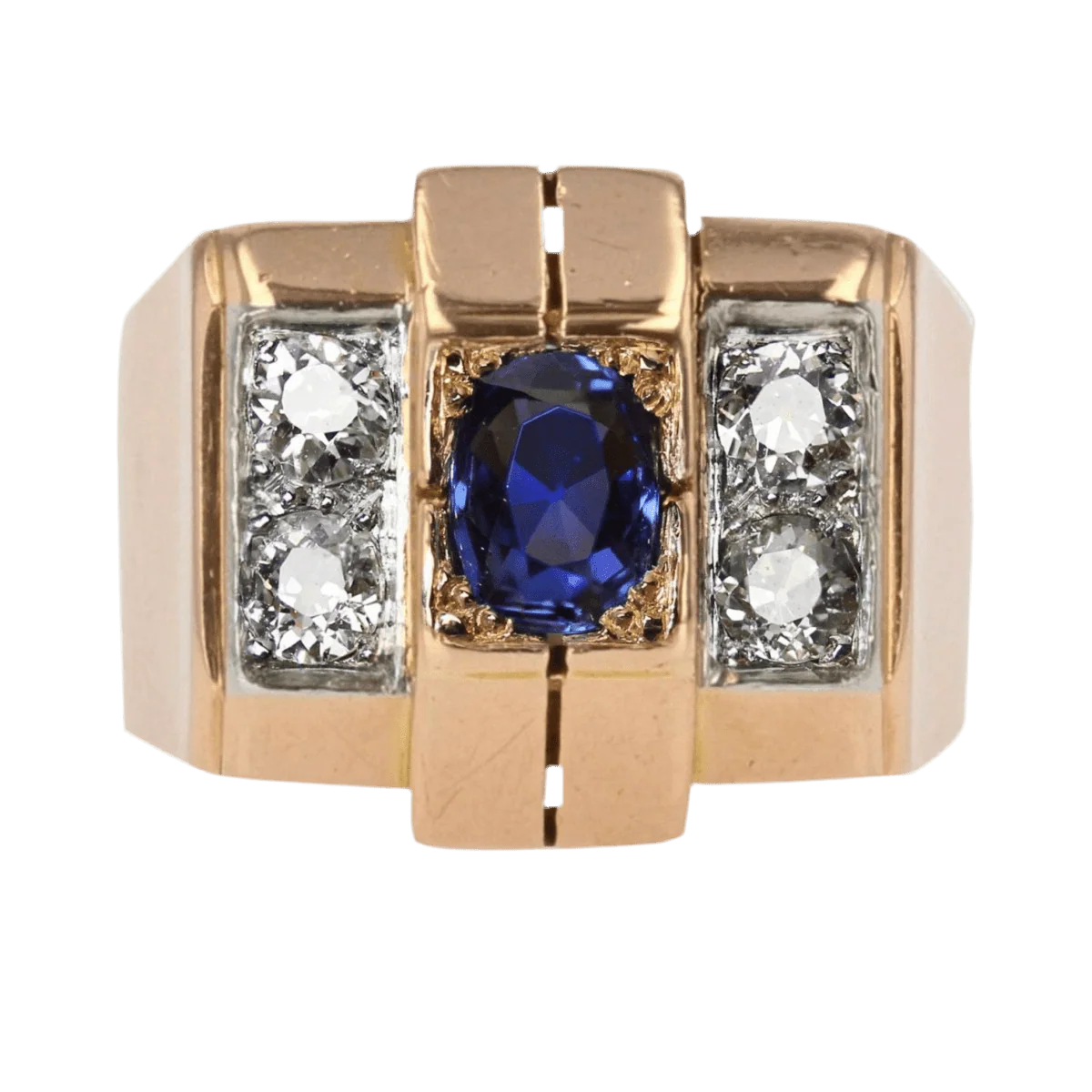 Tank ring in rose gold, platinum, sapphire and diamonds