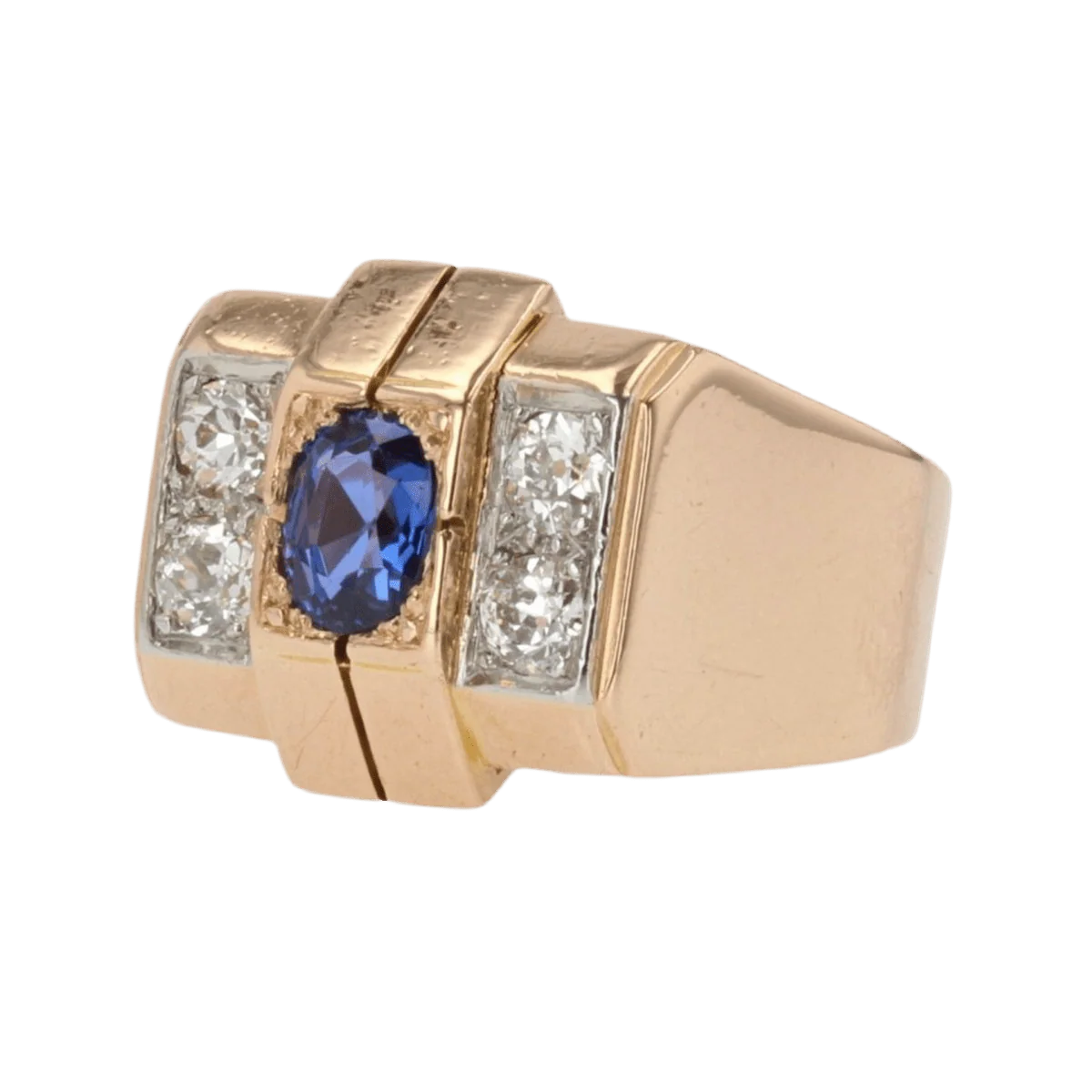 Tank ring in rose gold, platinum, sapphire and diamonds - Image 3