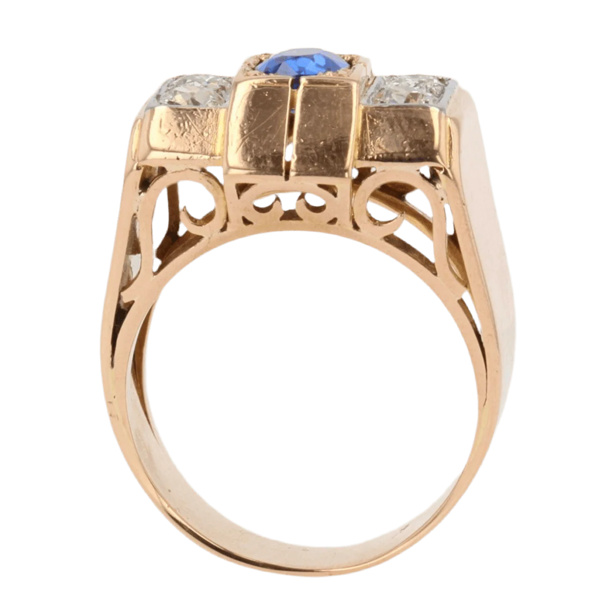 Tank ring in rose gold, platinum, sapphire and diamonds - Image 6