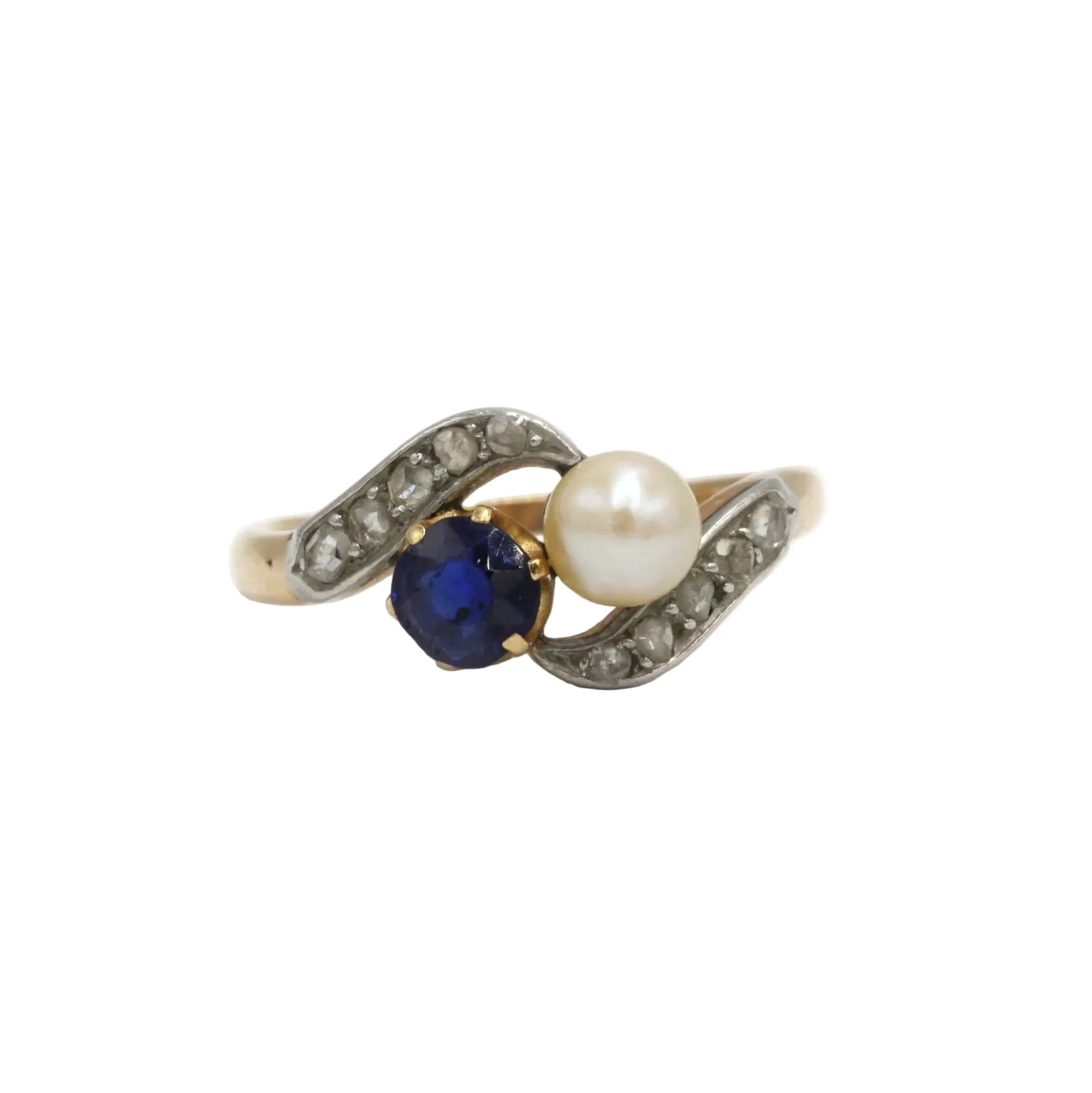 Yellow gold, platinum, sapphire, pearl, and diamond Toi et Moi ring