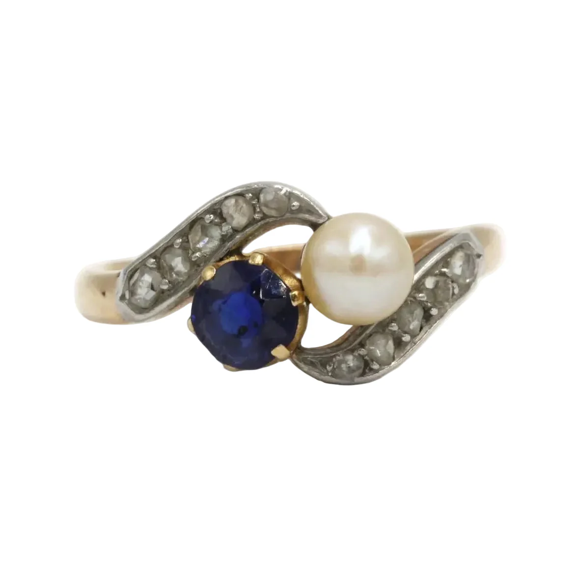 Yellow gold, platinum, sapphire, pearl, and diamond Toi et Moi ring - Image 5