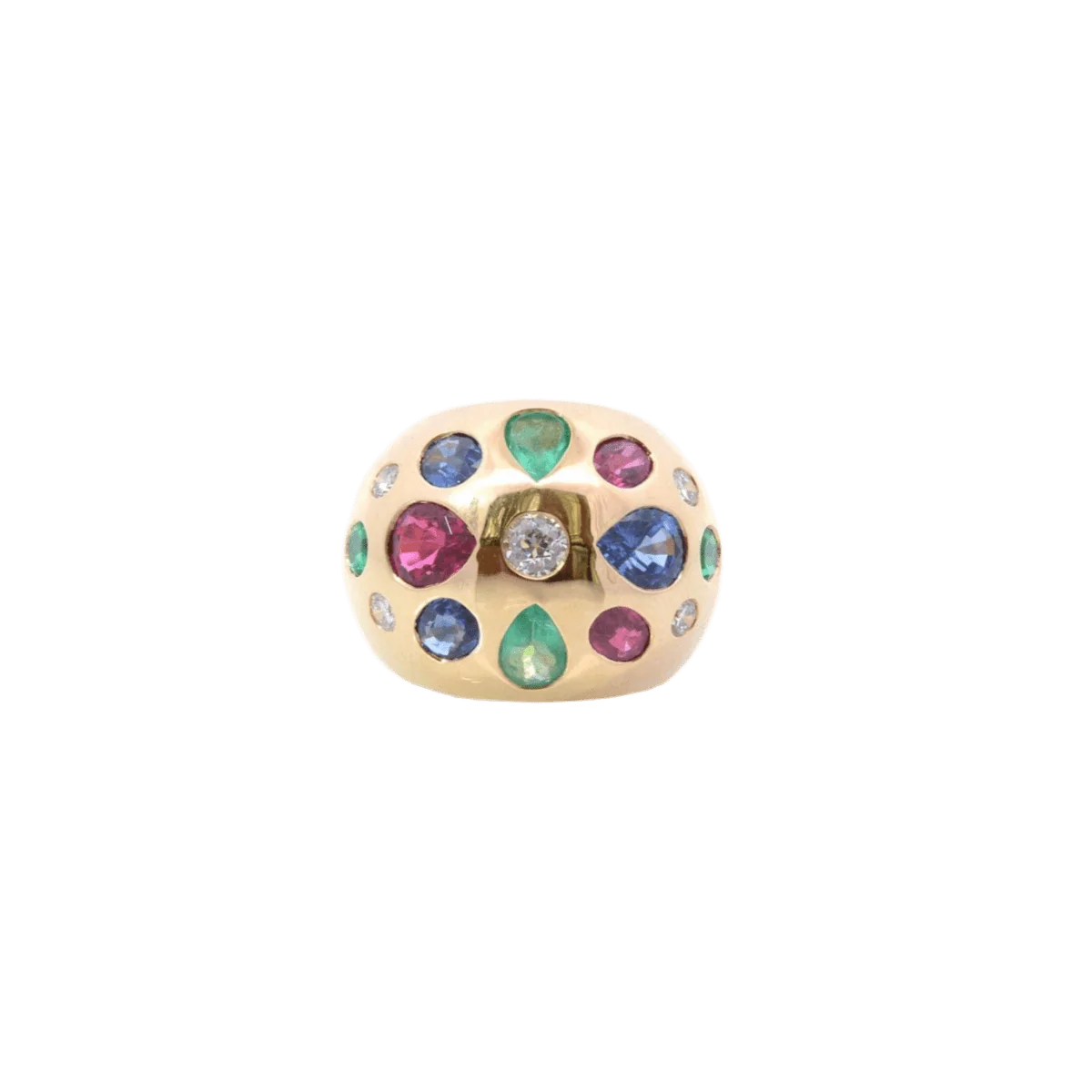 Ring Dome in yellow gold, emeralds, rubies, sapphires, tourmaline and diamonds