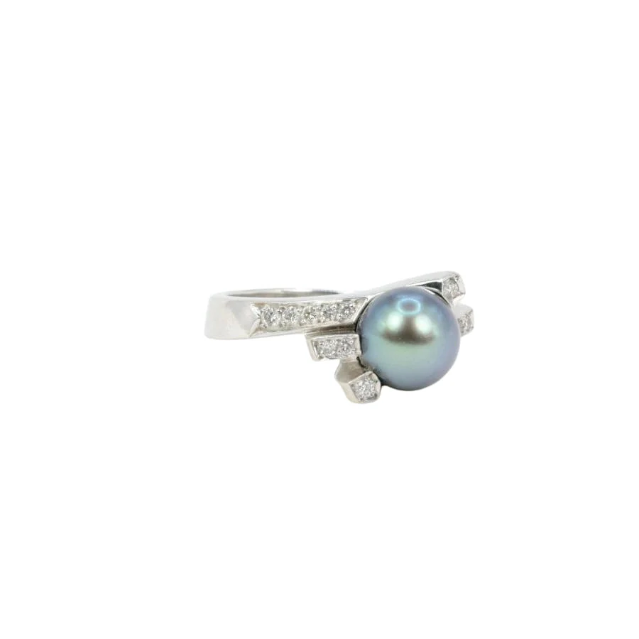 Vintage ring in white gold, diamonds and Tahitian pearl - Image 3