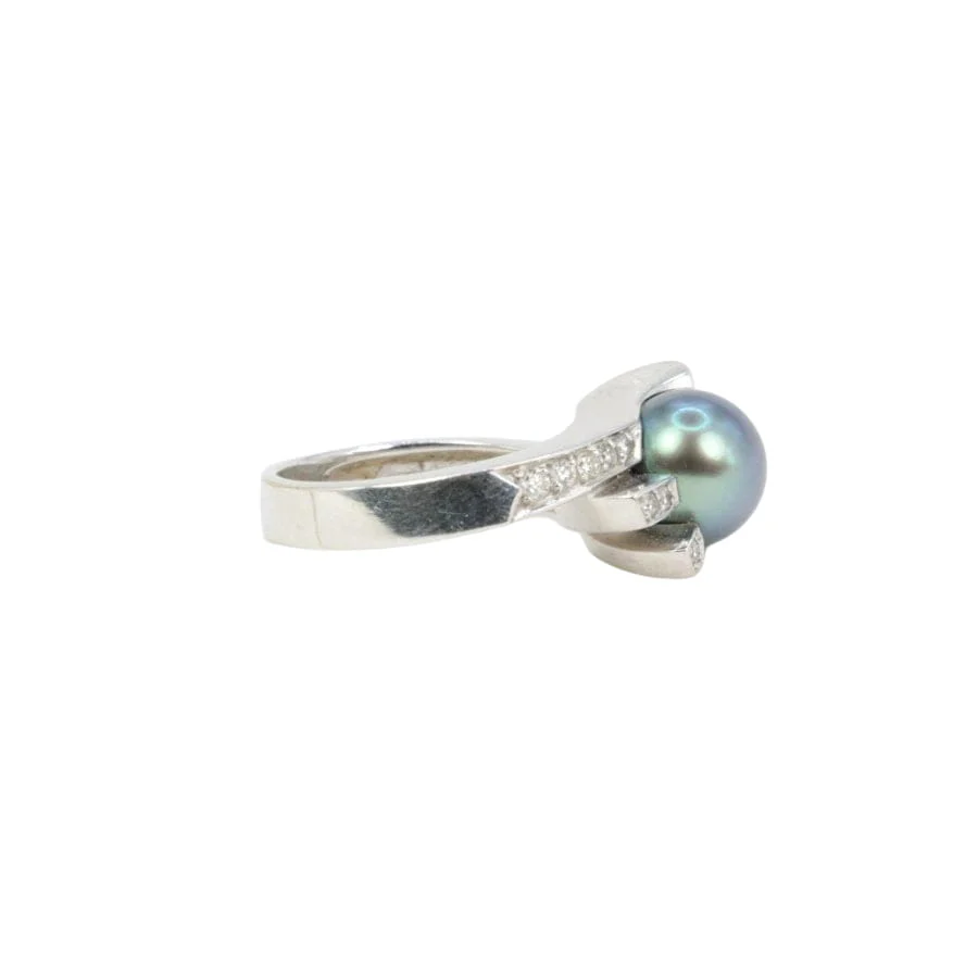 Vintage ring in white gold, diamonds and Tahitian pearl - Image 4