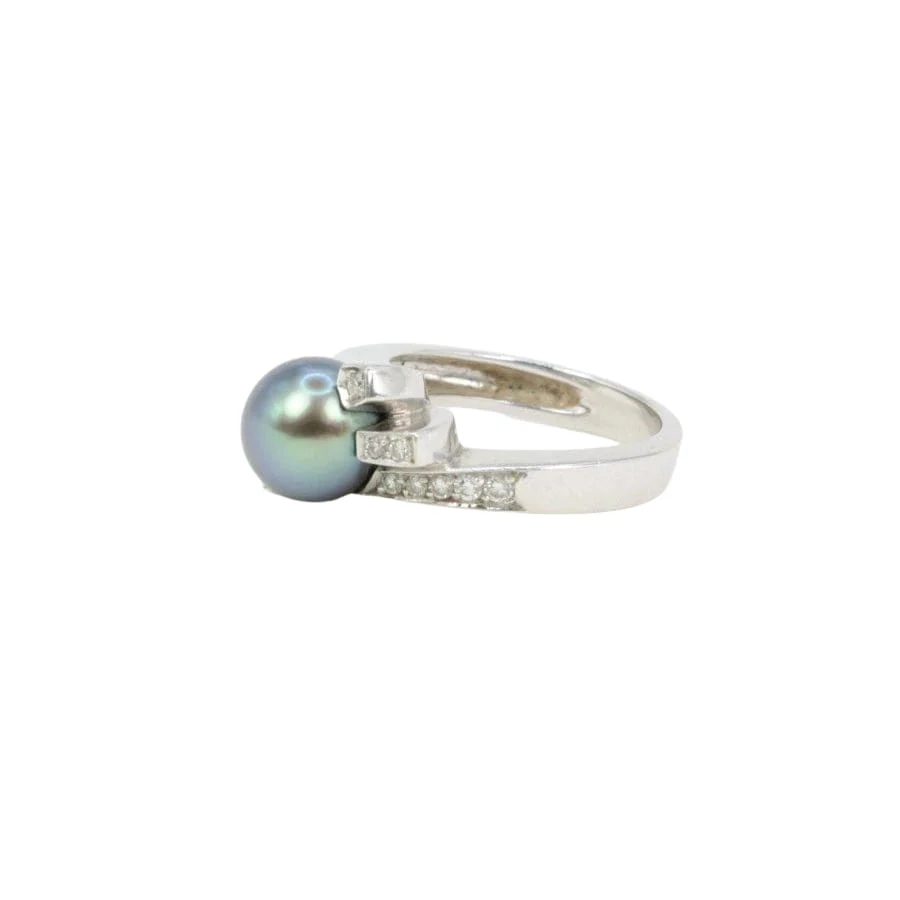 Vintage ring in white gold, diamonds and Tahitian pearl - Image 6