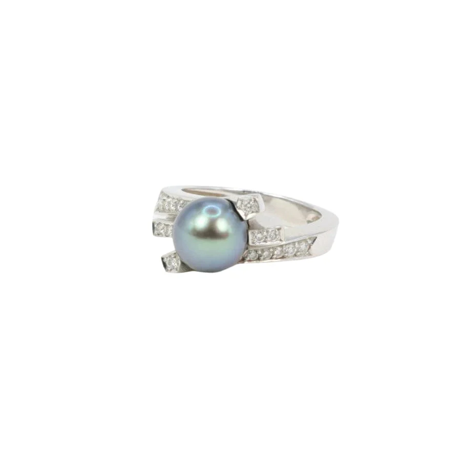 Vintage ring in white gold, diamonds and Tahitian pearl - Image 7