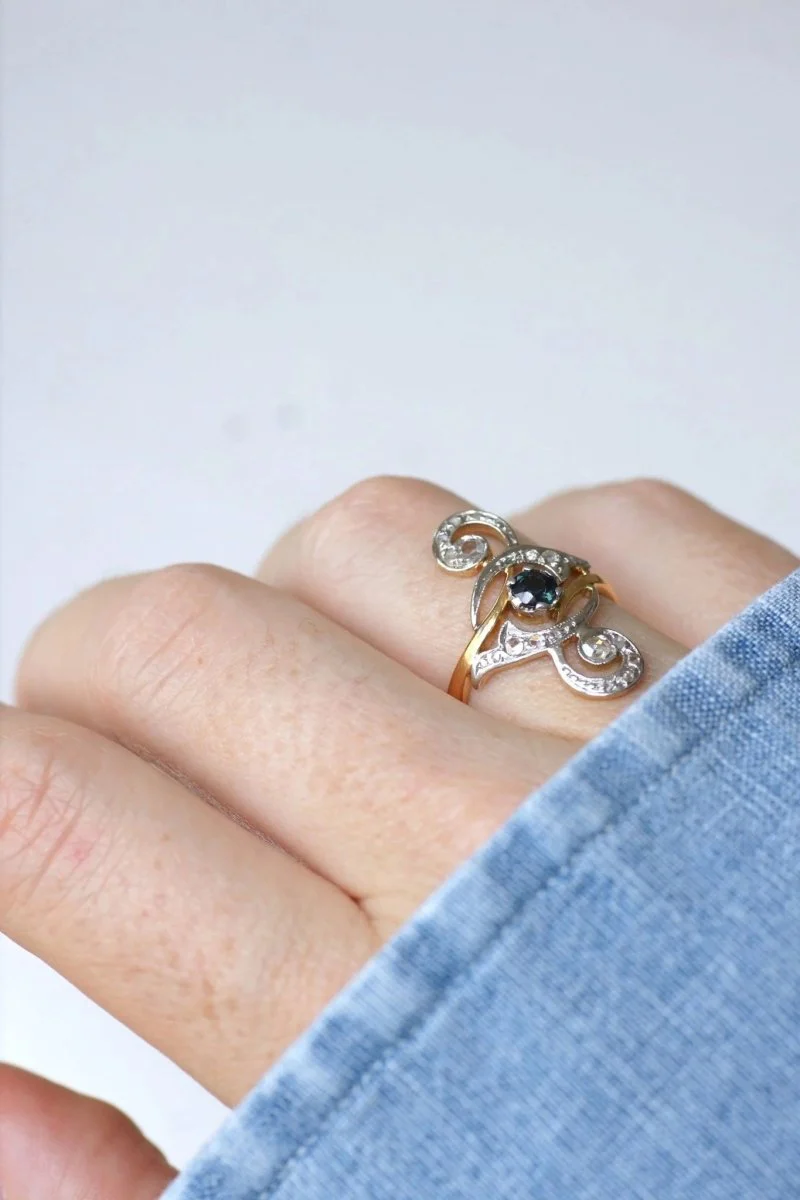 Diamond and Sapphire Volute Ring - Image 2