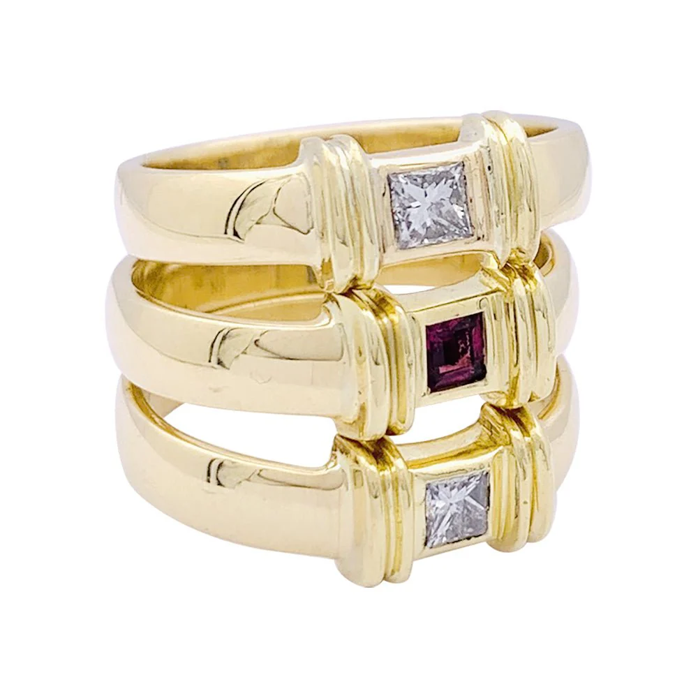 Tiffany & Co rings, yellow gold, ruby and diamond.