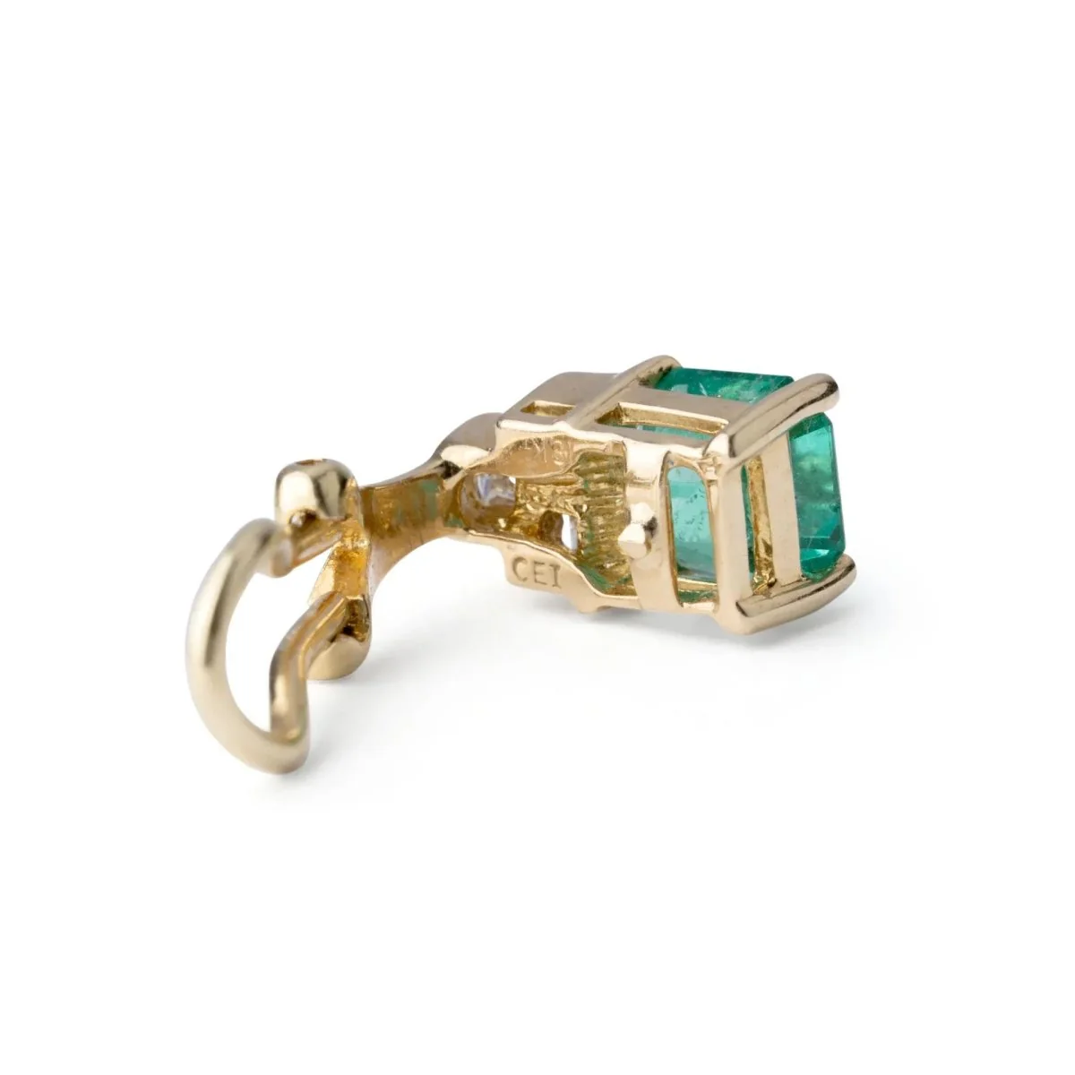 Yellow gold, emerald and princess diamond earring - Image 2