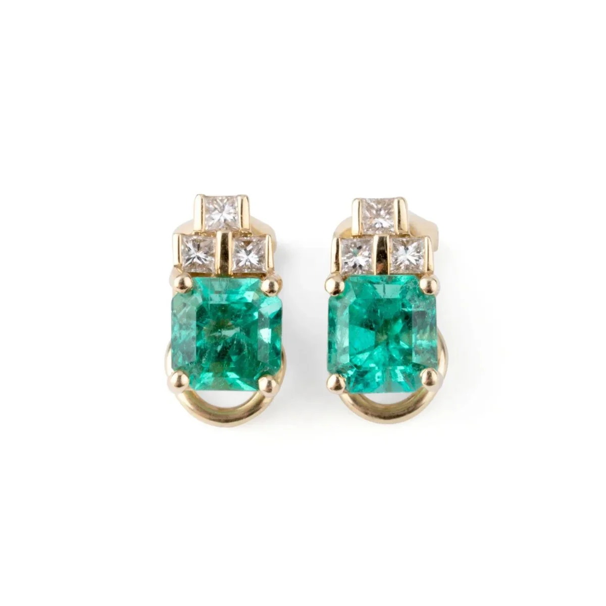 Yellow gold, emerald and princess diamond earring - Image 5