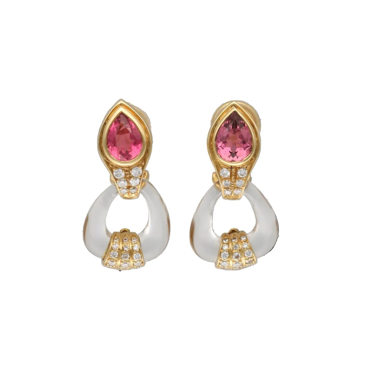 Clips earrings in yellow gold, tourmalines, crystal and diamonds