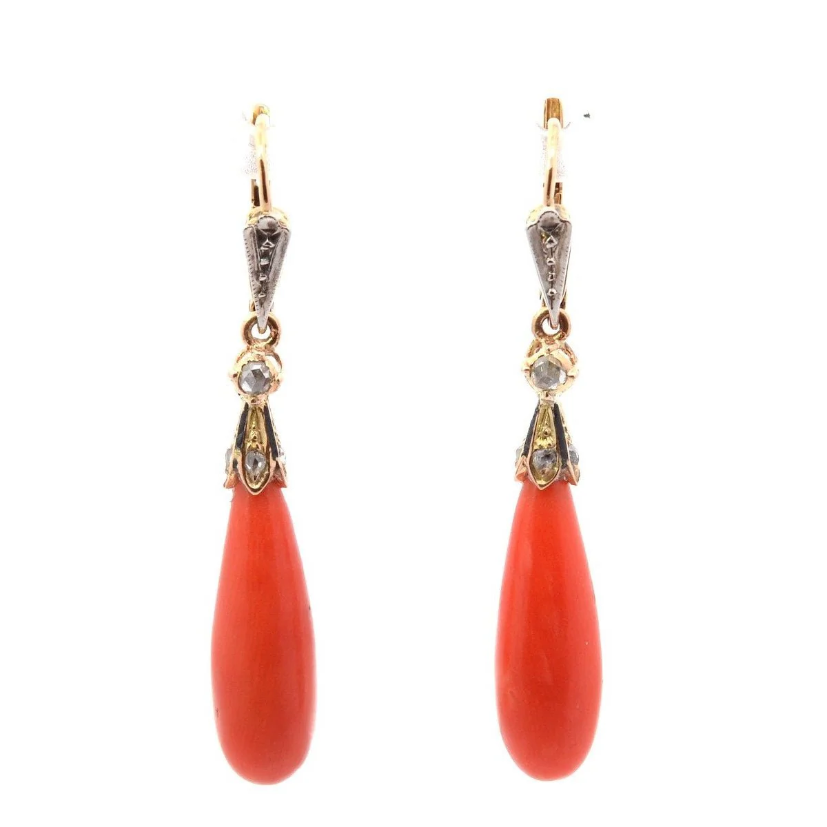 Drop earrings in yellow gold, coral and diamonds