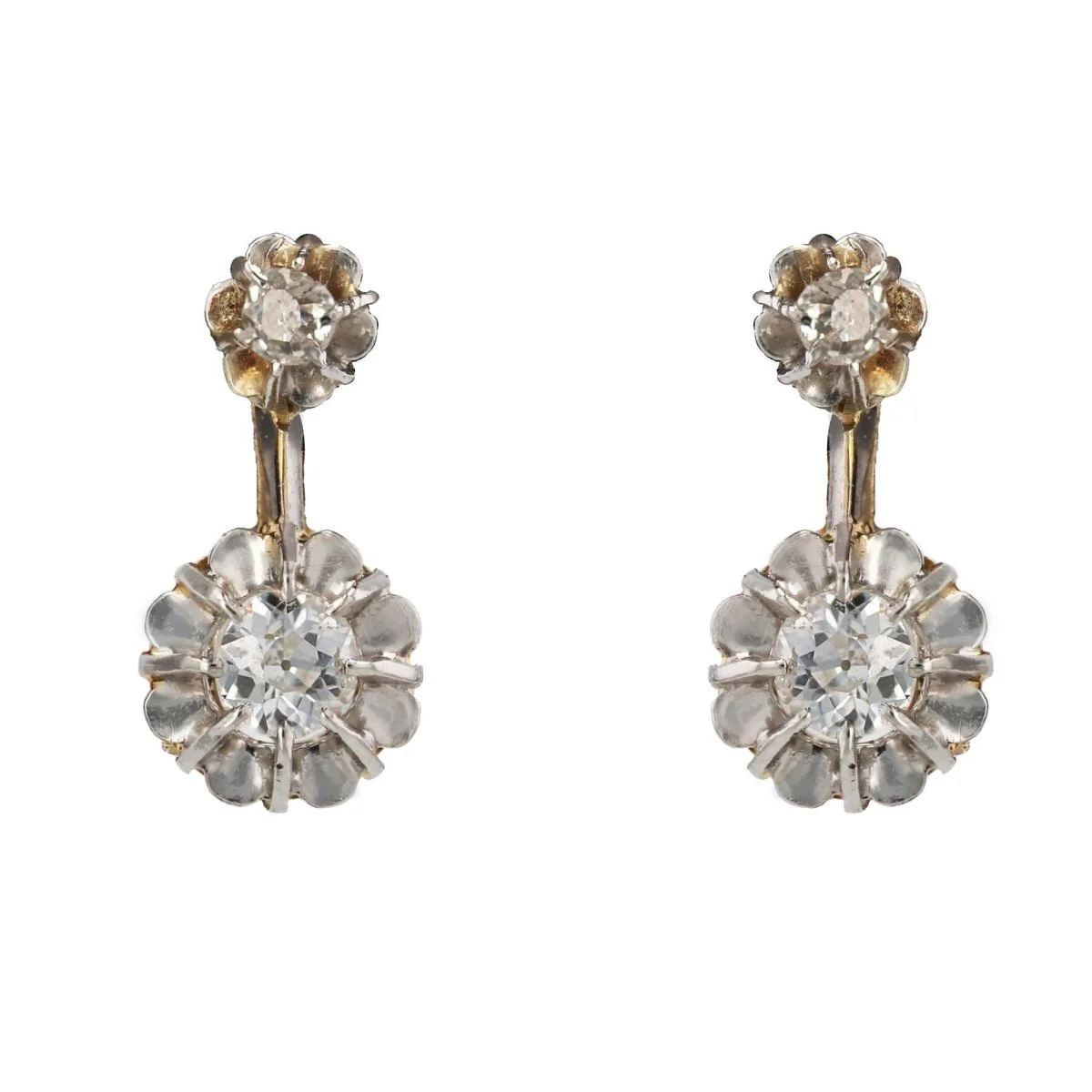 Lever-back earrings in yellow gold, platinum and diamonds