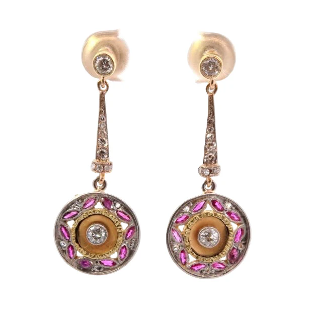 Drop earrings in yellow gold, platinum, rubies, and diamonds - Image 2