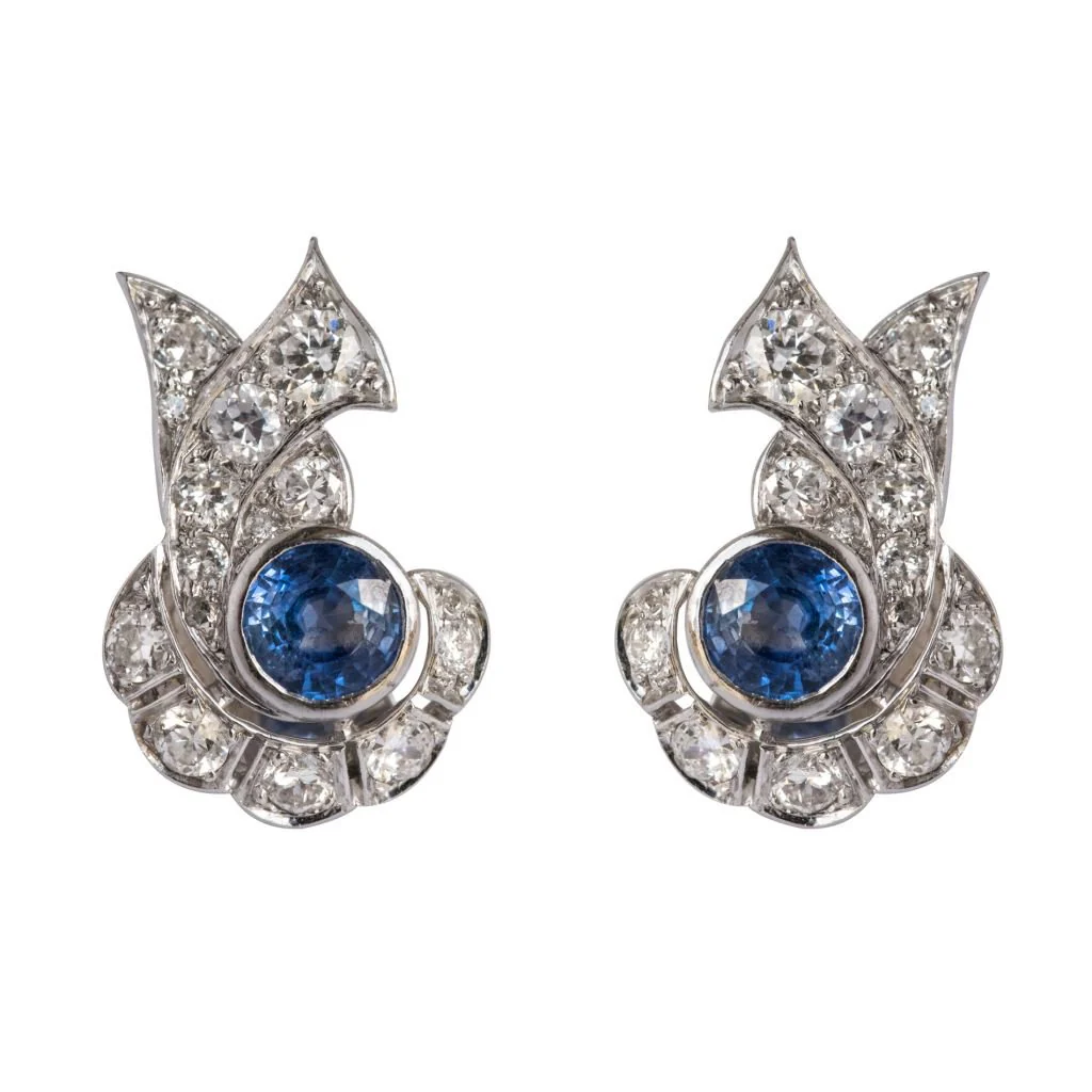 Earrings Clips in white gold, paltinium, sapphires and diamonds