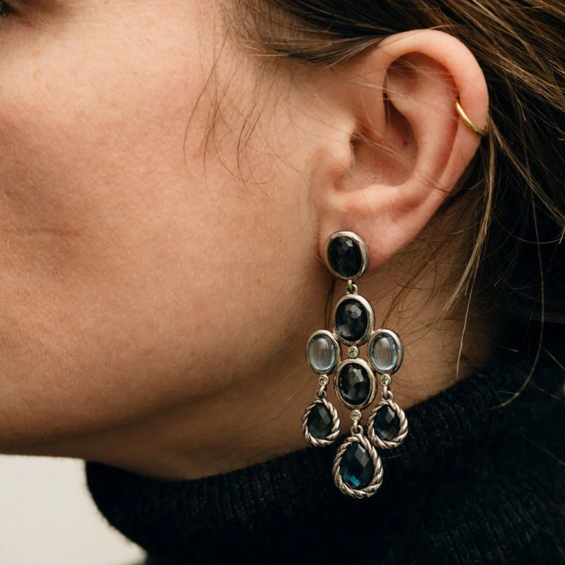 DAVID YURMAN Chandelier Earrings in silver, blue Topaz, hematite, and Diamond - Image 2