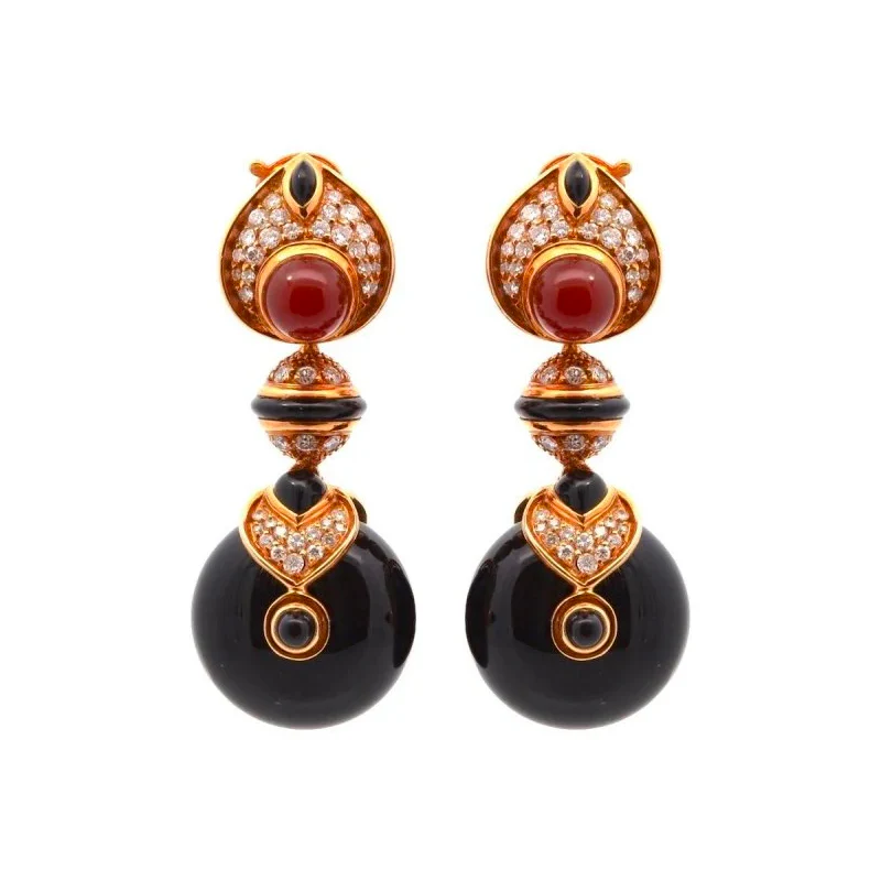 MARINA B. “Pneu” clip earrings in yellow gold, onyx, carnelian, and diamonds