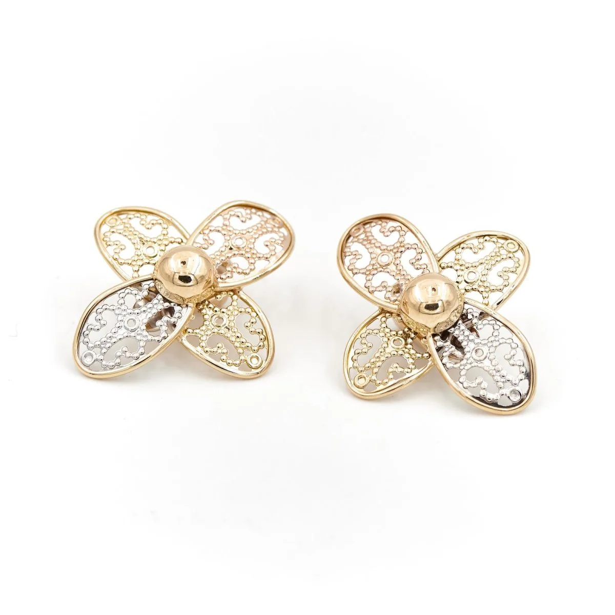 Filigree flower clip earrings in 3 golds