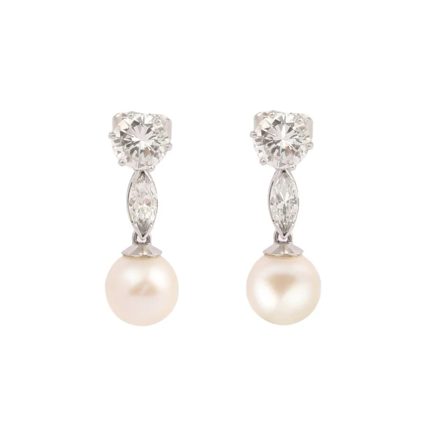 Dangle Stud Earrings in White Gold, Platinum, Pearls, and Diamonds