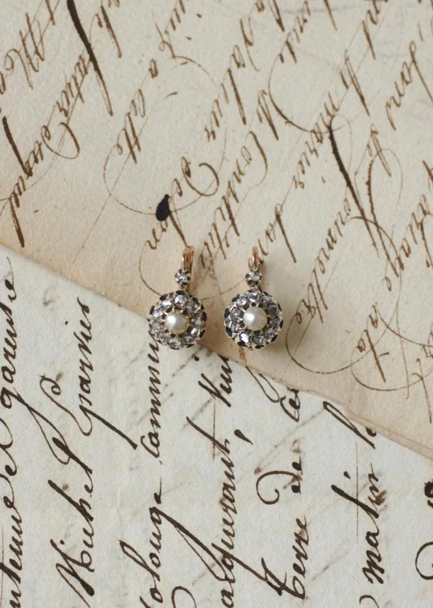 Earrings Sleepers in rose gold, silver, pearls and diamonds