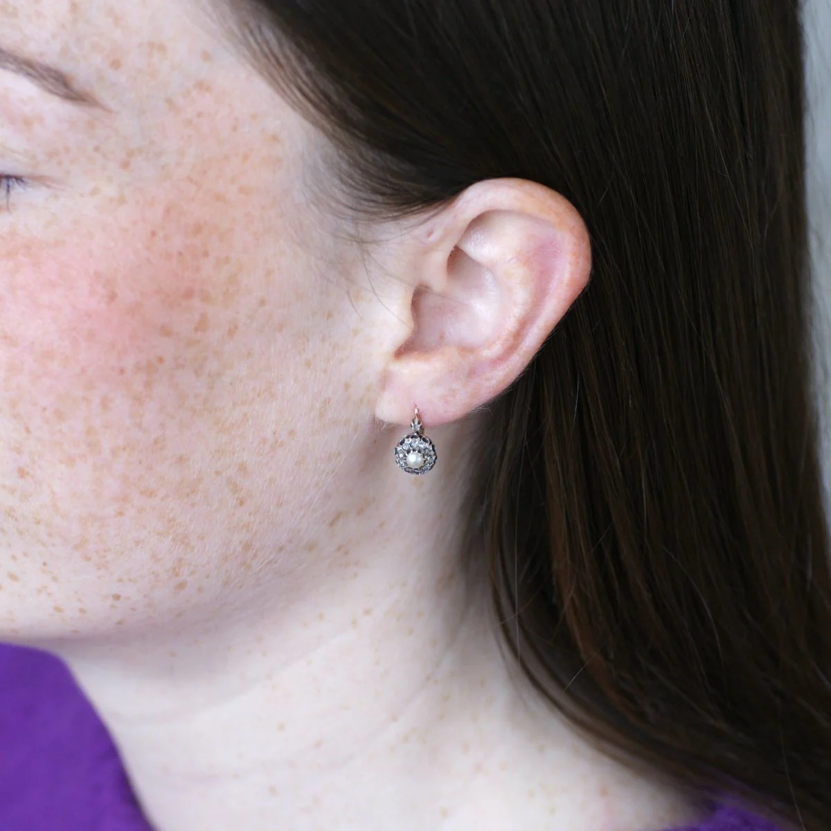 Earrings Sleepers in rose gold, silver, pearls and diamonds - Image 2
