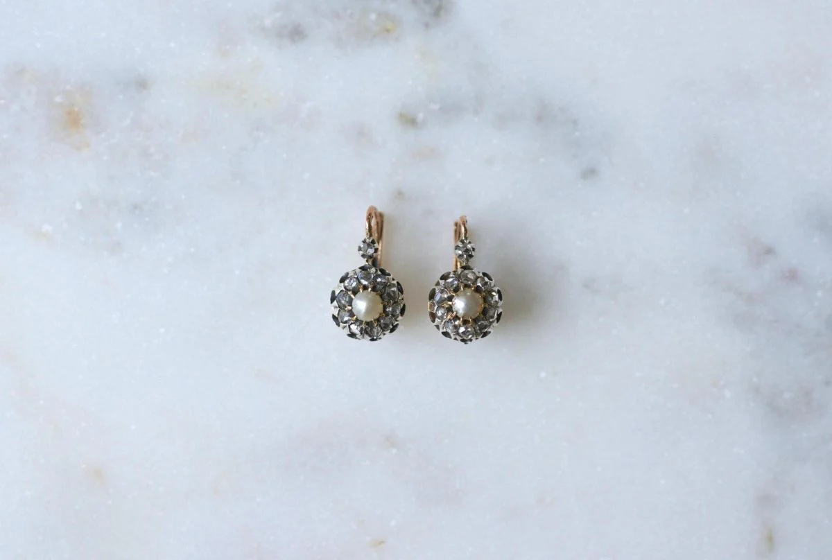 Earrings Sleepers in rose gold, silver, pearls and diamonds - Image 3