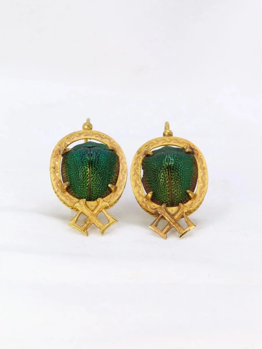 Yellow gold scarab sleeper earrings