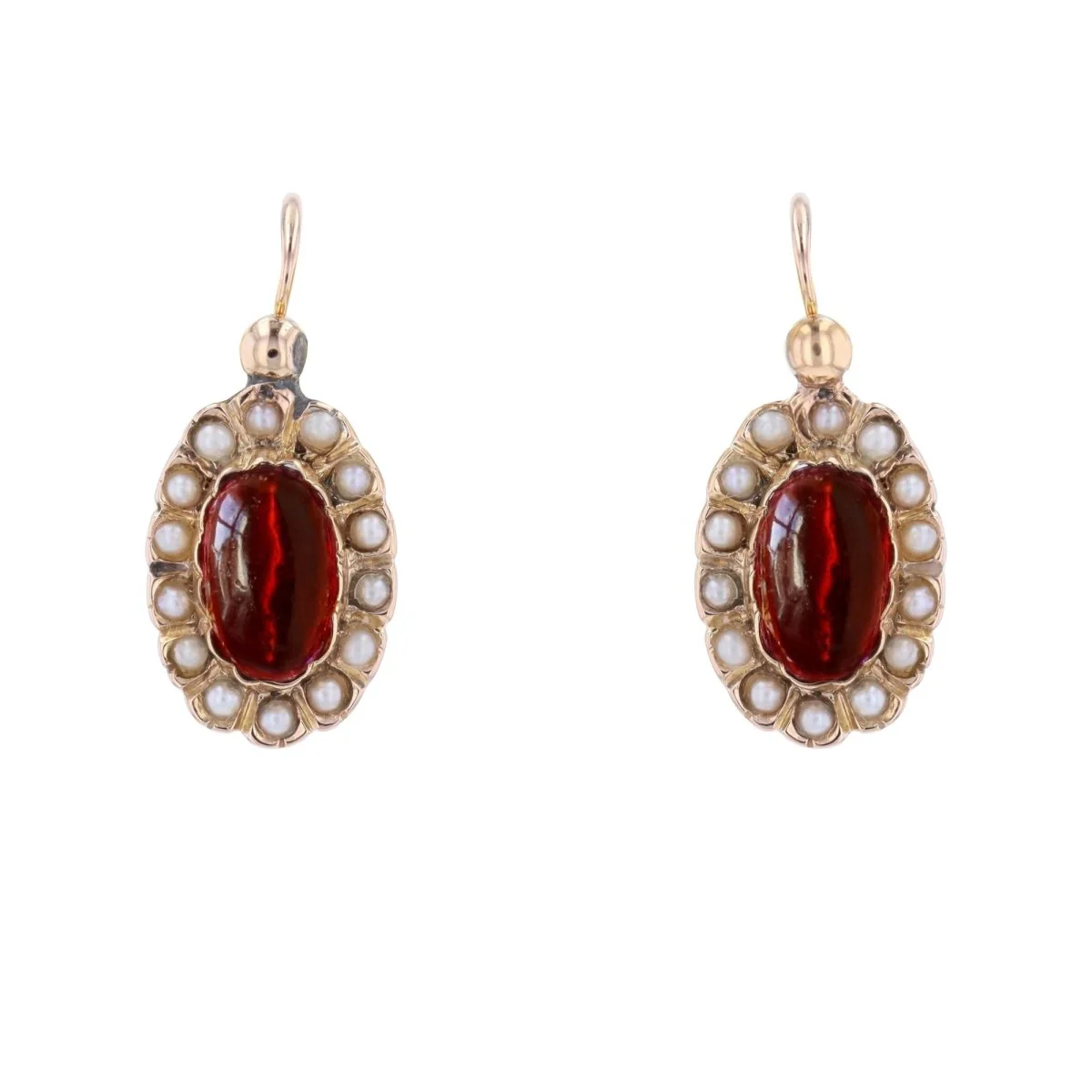 Earrings Dormeuses in rose gold, garnets and pearls