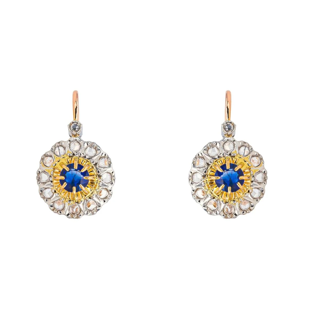 Lever-back earrings in Rose gold, Platinum, Sapphires, and Diamonds