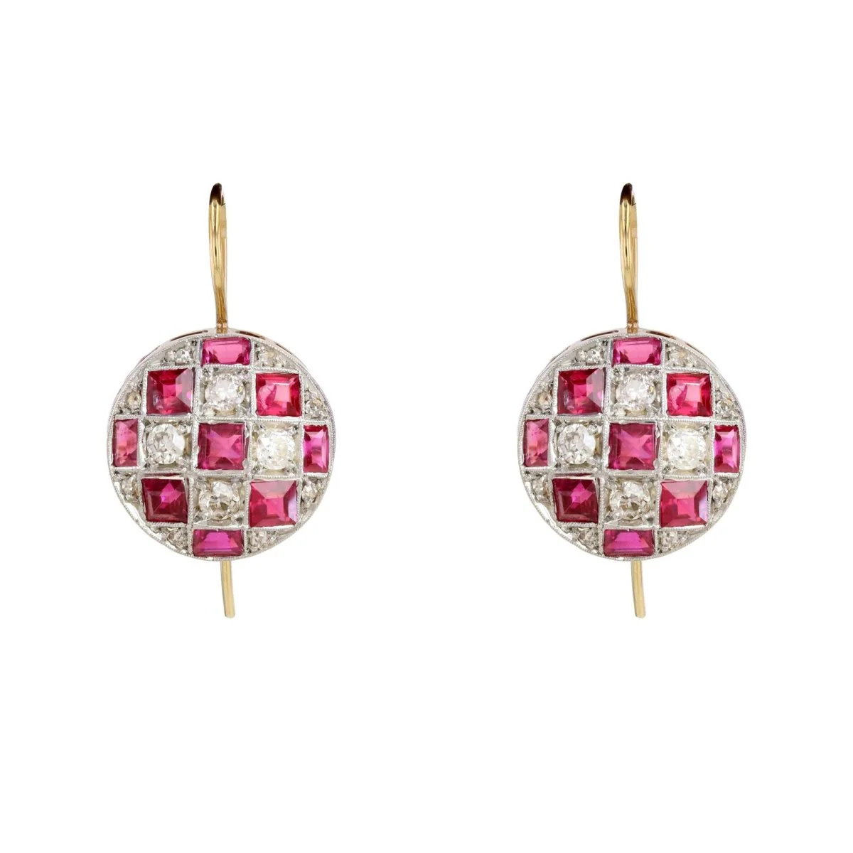 Earrings in yellow gold, Platinum, Rubies, and Diamonds